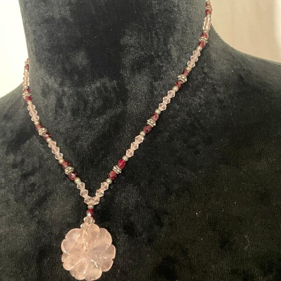 Vintage Carved Rose Quartz Beaded Necklace - Picture 2 of 4